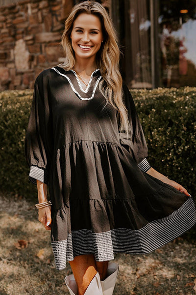 Women's Black Tiered Mini Dress with V-Neck and 3/4 Sleeves - Trendy, Comfortable Style for Every Occasion