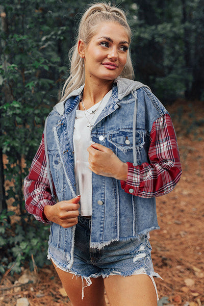 Women's Casual Beau Blue Plaid Denim Jacket with Hood and Raw Hem - Trendy Patchwork Style for Everyday Wear