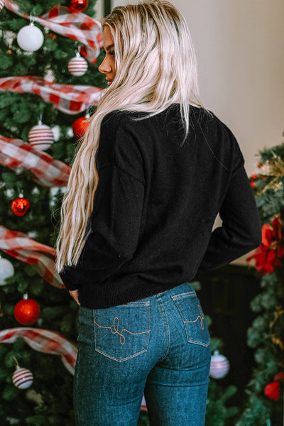 Cozy Black Round Neck Sweater for Women - Casual Fit, Winter Essential for Holiday Cheer and Everyday Style