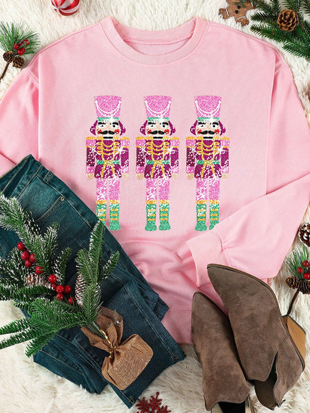 Neon Nutcracker Print Pink Sequin Christmas Crewneck Sweatshirt