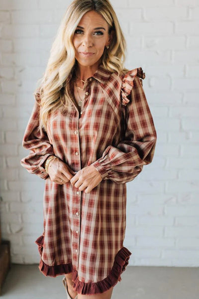 Stylish Women's Red Plaid Ruffled Mini Dress with Long Sleeves and Trendy Patchwork Hem for Casual Summer Outings