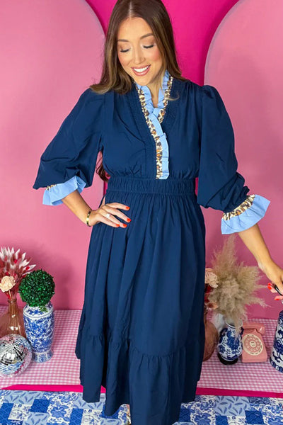 Elegant Women's Navy Blue Flowy Midi Dress with Ruffled 3/4 Sleeves and Stylish Contrast Frill for Casual Chic Look