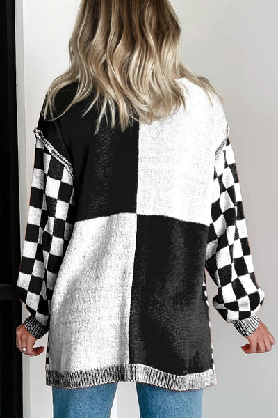 Chic Women's Black Checkered Cardigan with Bubble Sleeves & Drop Shoulders for Effortless Style and Comfort