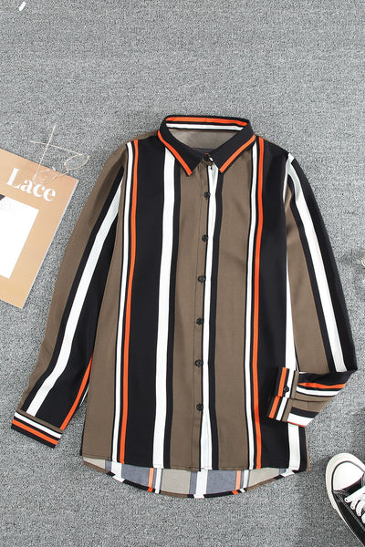 Chic Women's Black and Brown Striped Shirt - Tailored Fit for Effortless Style and Versatile Everyday Wear