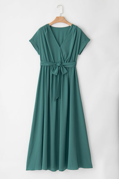 V-Neck Long Sleeve Pleated Dress