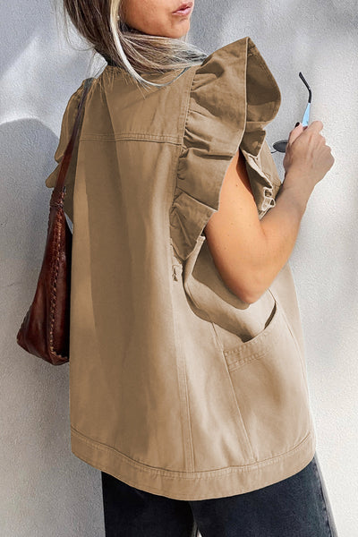 Women's Pale Khaki Ruffled Denim Vest Jacket - Trendy Layering Piece for Casual Chic Styles