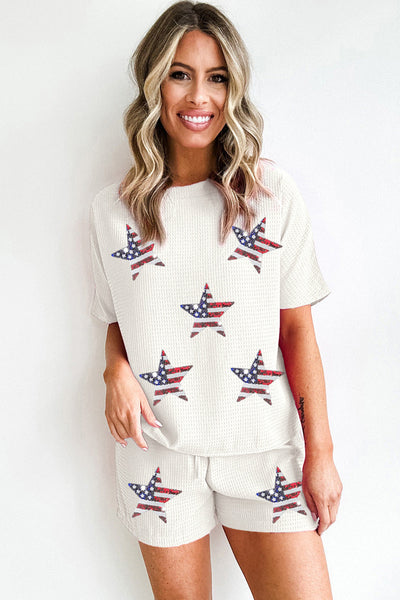 Women's Star Spangled Sequin White Waffle Knit Shorts Set