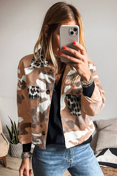 Trendy Women's Orange Camo Leopard Print Crop Jacket with Flap Pockets Stylish Casual Outerwear for Effortless Chic
