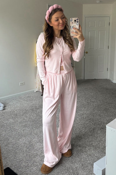 Women's Light Pink Cozy 3-Piece Textured Knit Lounge Set for Relaxed Comfort and Chic Homewear Style