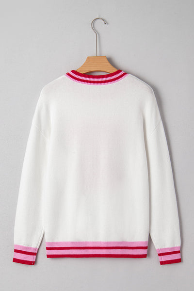 Women's Intarsia Bow Graphic Knit Sweater in White and Crimson