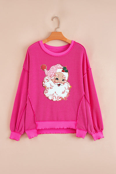 Women's Pink Festive Santa Patch Ribbed Long Sleeve Graphic Top