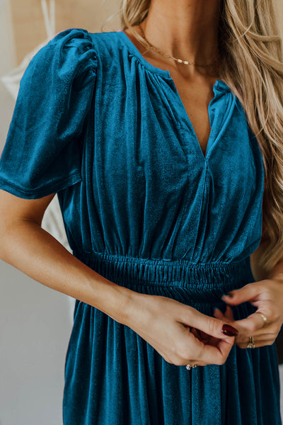 Elegant Deep Blue Velvet T-Shirt Dress for Women, Casual Short Sleeve Fit for Effortless Everyday Style