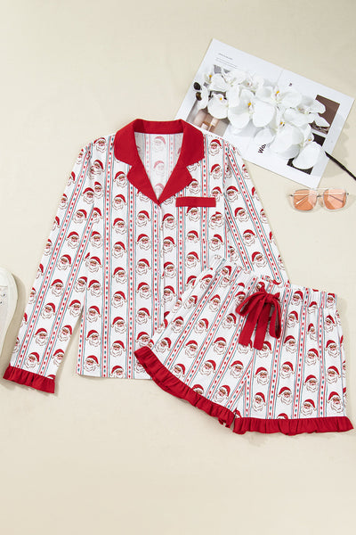 Women's Santa Print Ruffle Pajama Set with Notched Collar