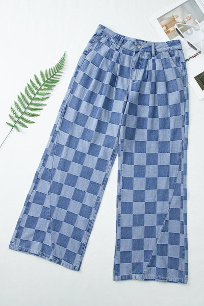 Dusk Blue Checkered Wide Leg Denim Jeans for Women - Stylish, Comfortable Fit for Casual and Chic Looks