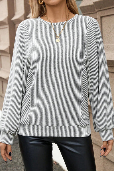 Stylish Women's Gray Ribbed Knit Pullover Top with Long Lantern Sleeves - Versatile Round Neck for Casual or Dressy Wear