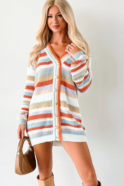 Women's Cozy Orange Striped V-Neck Cardigan Tunic Sweater - Stylish Layering Essential for Fall Fashion
