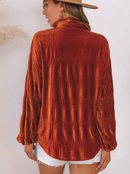 Women's Velvet Orange Lantern Sleeve Button Up Shirt