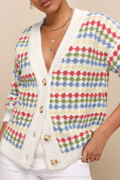 Women's Cozy White Polka Dot Knit Cardigan Sweater with Button Front & V-Neck - Casual Chic for All Seasons