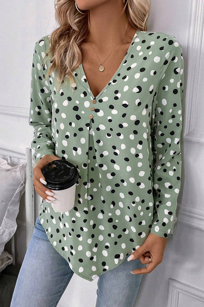 Stylish Women's Green Polka Dot V-Neck Blouse with Button Front - Perfect Casual Top for Spring and Summer Fashion