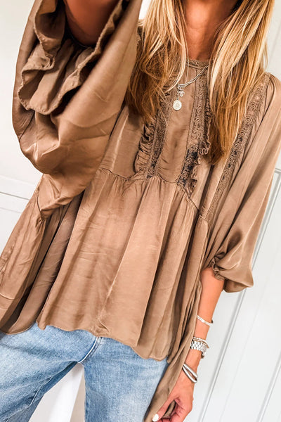 Elegant Women's Dark Khaki Silky Lace Frill Blouse - Long Sleeve Round Neck Top for Chic and Stylish Looks