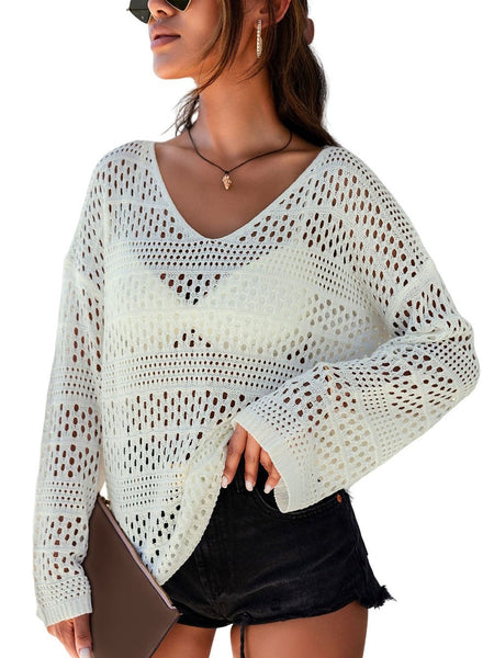 Women's White Crochet V Neck Pullover Sweater with Hollow Out Detail