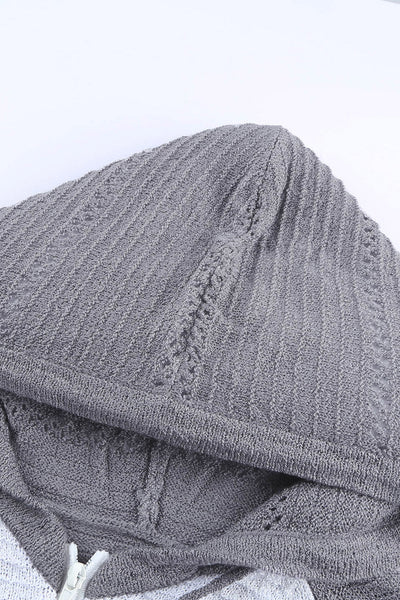 Stylish Women's Gray Colorblock Knit Hoodie with Zipped Front and Hollow-out Design for Comfortable Casual Outfits