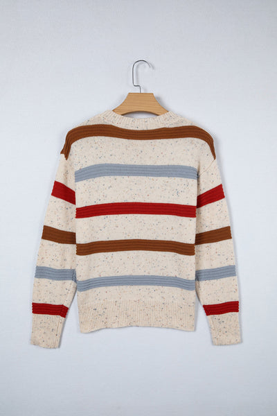 Women's Beige Multi-Stripe Knit Sweater with Wool Blend