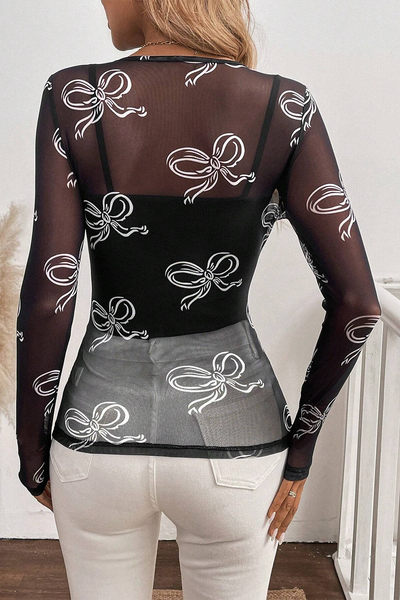 Stylish Women's Black Long Sleeve Mesh Top with Bow Print - Chic Round Neck Design for Effortless Casual Elegance