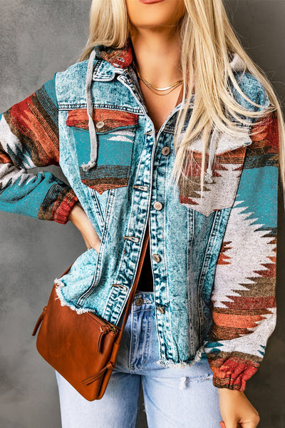 Trendy Women's Multicolor Aztec Print Denim Jacket with Frayed Hem Stylish Casual Fall Outerwear for Layering made for easy styling and wardrobe
