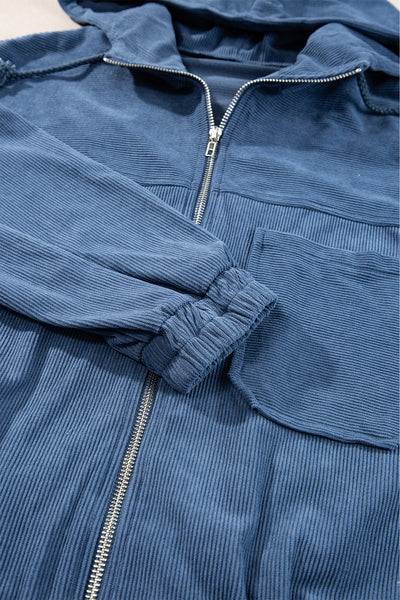 Women's Casual Real Teal Corduroy Hooded Zip-Up Jacket with Drawstring and Pockets for Everyday Comfort