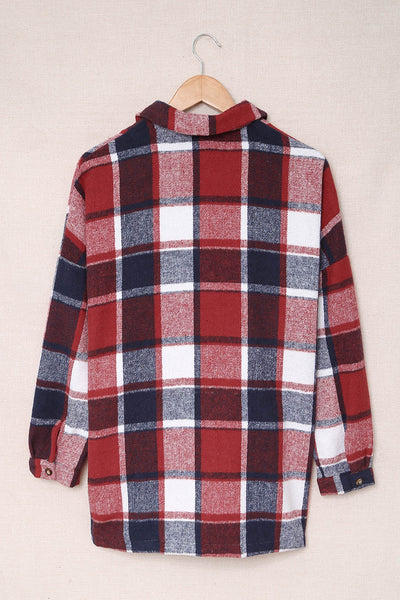 Women's Crimson Red Plaid Shacket: 100% Polyester Oversized Layer