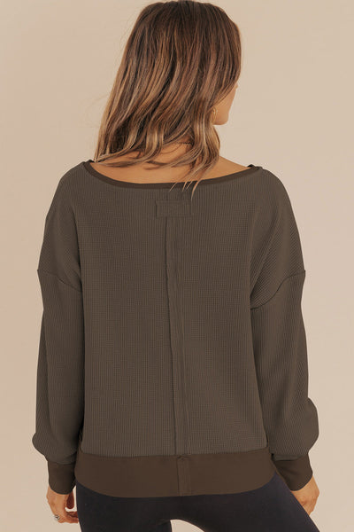 Women's Espresso Waffle Knit V-Neck Pullover with Drop Shoulders