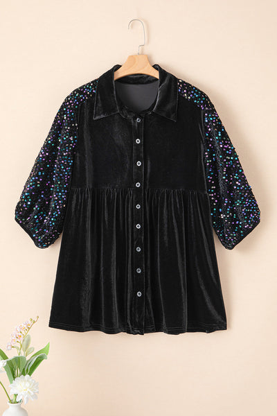 Chic Women's Black Velvet Peplum Blouse with Sequin Puff Sleeves Stylish Button-Up Top for Special Events