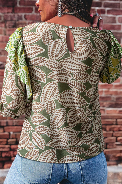 Women's Stylish Green Abstract Leaf Print Long Sleeve Blouse with Ruffle Trim - Trendy Top for Every Occasion