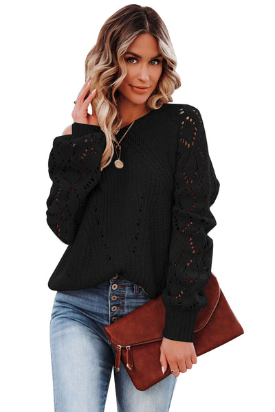 Trendy Women's Black Knit Sweater with Hollow-Out Design & Puffy Sleeves Must-Have for Fall Fashion