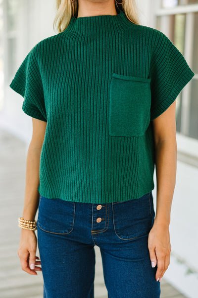 Women's Casual Blackish Green Ribbed Knit Sweater with Patch Pockets - Stylish Short Sleeve Top for Everyday Comfort