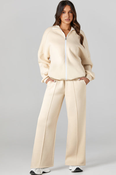 Beige Women's Activewear Set: Stylish Drop Shoulder Zip-Up Jacket & Drawstring Pants for Comfort and Performance