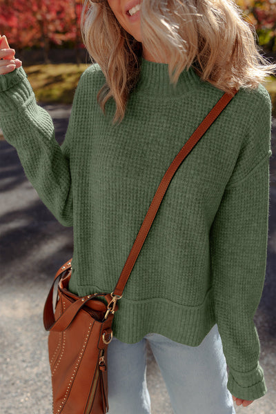 Women's Mist Green Waffle Knit High Neck Sweater