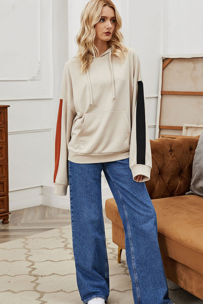 Stylish Women's Parchment Contrast Patchwork Hoodie with Knot Detail & Drawstring, Perfect for Everyday Comfort