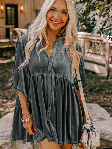 Velvety Dark Grey Babydoll Tunic with 3/4 Sleeves