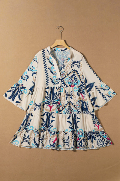 Floral Print Fringed V-neck Mini Dress