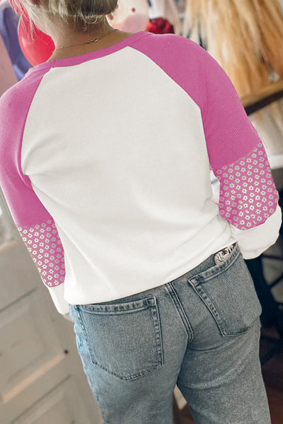 Women's Casual Chic Long Sleeve Top - Pink Floral Print Patchwork Design for Effortless Style and Comfort