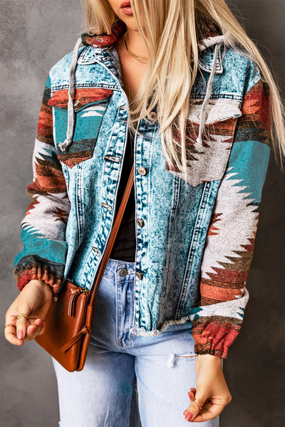 Trendy Women's Multicolor Aztec Print Denim Jacket with Frayed Hem Stylish Casual Fall Outerwear for Layering made for easy styling and wardrobe