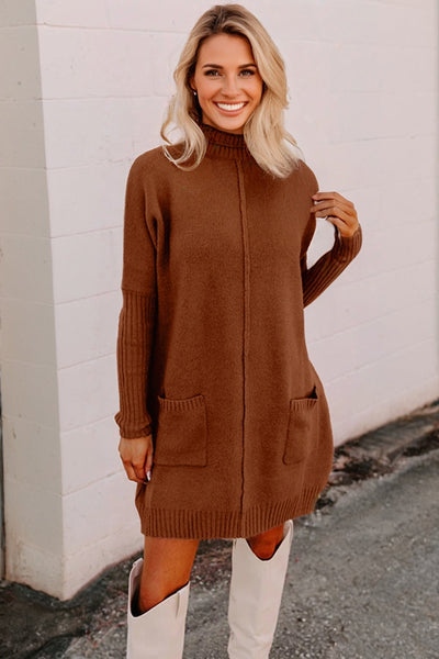 Women's Cozy Chestnut Ribbed High Neck Shift Dress with Pockets - Perfect Fall Fashion for Effortless Style
