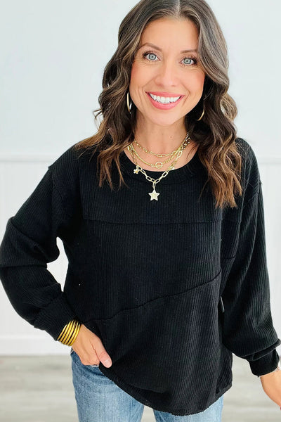 Chic Women's Black Ribbed Knit Long Sleeve Top with Exposed Seams & Trendy Patchwork Detail for Effortless Style