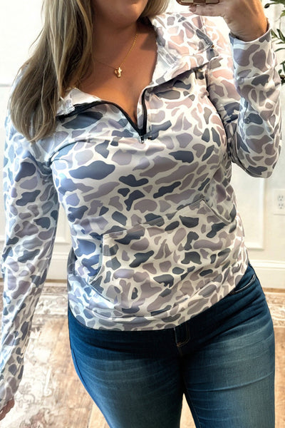 Women's Plus Size Camouflage Quarter-Zip Pullover with Kangaroo Pocket