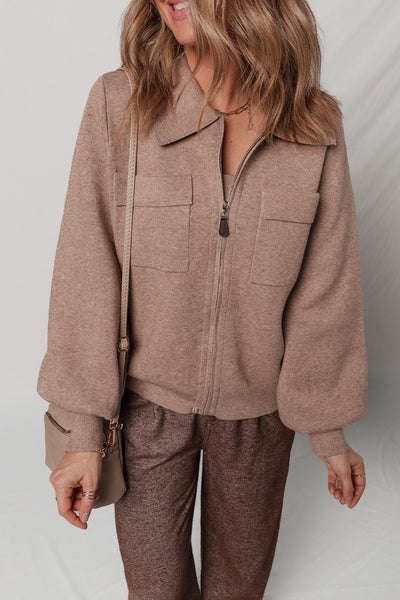 Stylish Women's Old Rose Short Cardigan with Zipper, Bubble Sleeves & Flap Pocket - Perfect for Any Occasion!