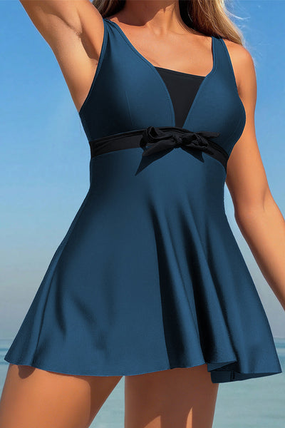 Women's Sail Blue Color Block Fit and Flare Swim Dress with Bow made for easy styling and wardrobe coordination, with premium-like structure and