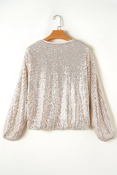 Chic Women's Apricot Sequin Long Sleeve Jacket with Zip-Up Closure and Round Neck - Trendy Outerwear for Any Occasion