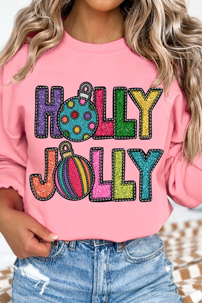 Women's Holly Jolly Pink Christmas Sweatshirt with Glitter Graphic